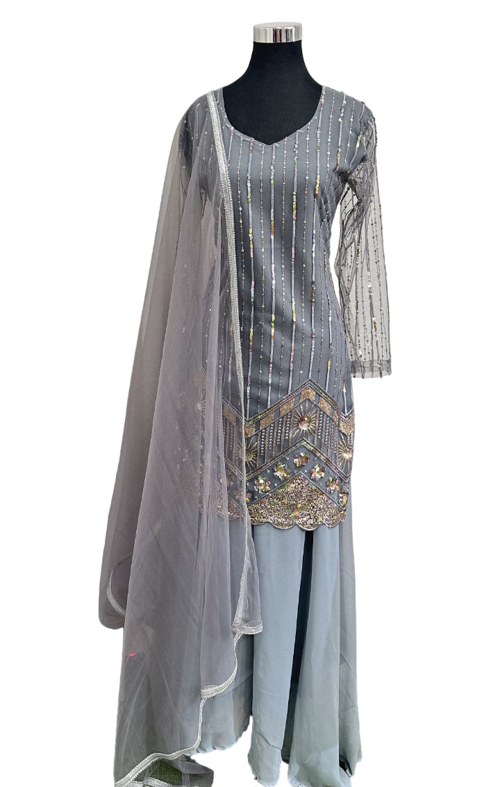 3 Pc Designer Sharara Set-Gray
